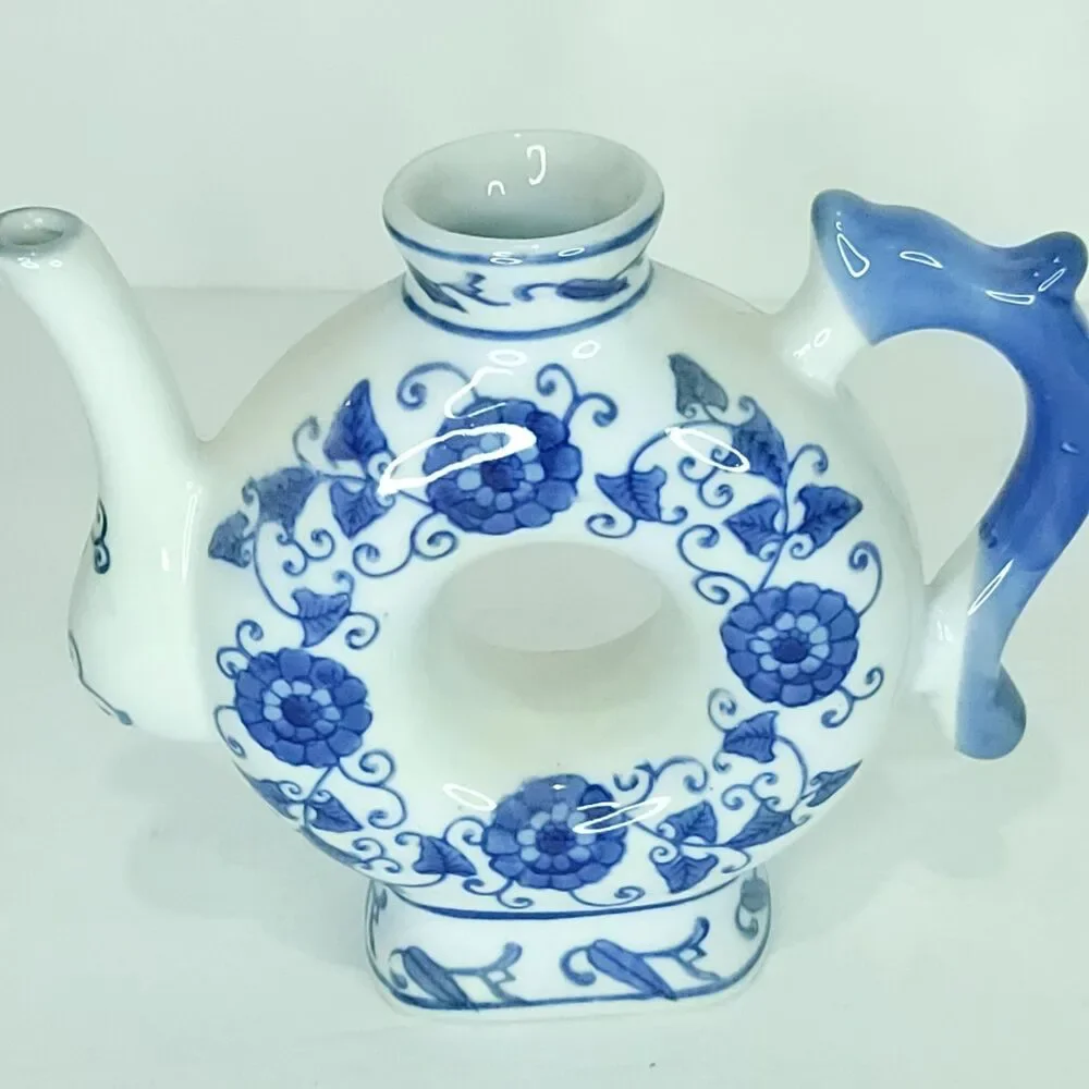 Porcelain Donut Shaped Teapot Blue & White Decorative Made in China No Lid